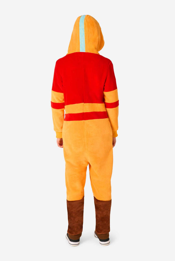 Person wearing a colorful onesie with a hood on a white background