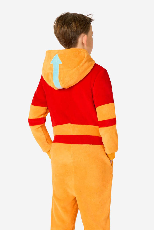 Child wearing a red and orange onesie with a hood on a white background