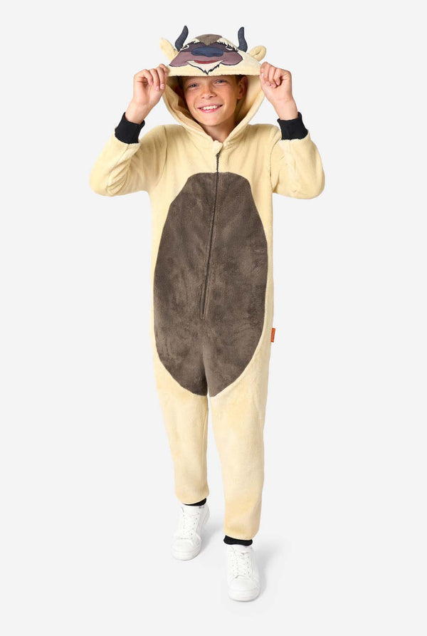 Child wearing an Avatar-themed onesie on a white background