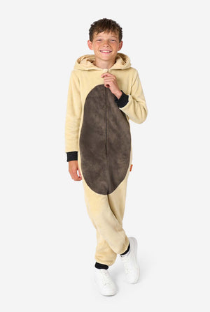 Child wearing a beige and brown onesie on a white background