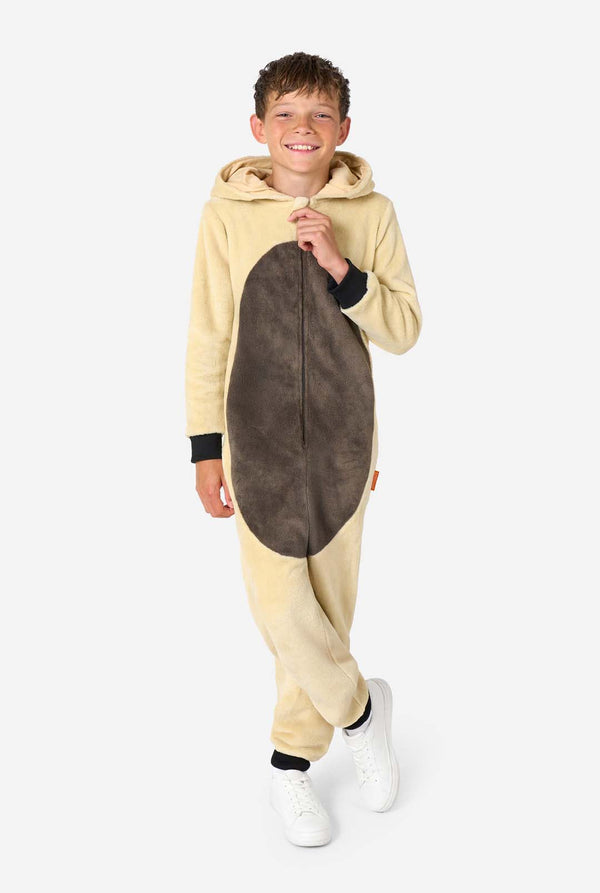 Child wearing a beige and brown onesie on a white background