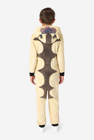 Child wearing a onesie with a pattern on a white background