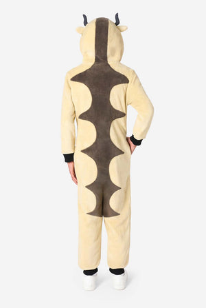 Person wearing a beige and brown onesie with animal design on a white background