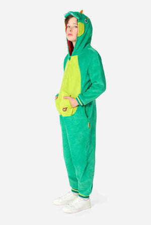 Person wearing a green dinosaur onesie on a white background. Full body image