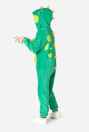 Green dinosaur onesie worn by a person on a white background