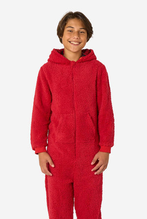 Kid is wearing a red onesie resembling Elmo. The hood is down.