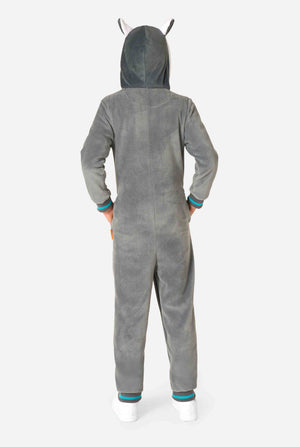 Gray lemur onesie with hood and ears on a white background. View from the back