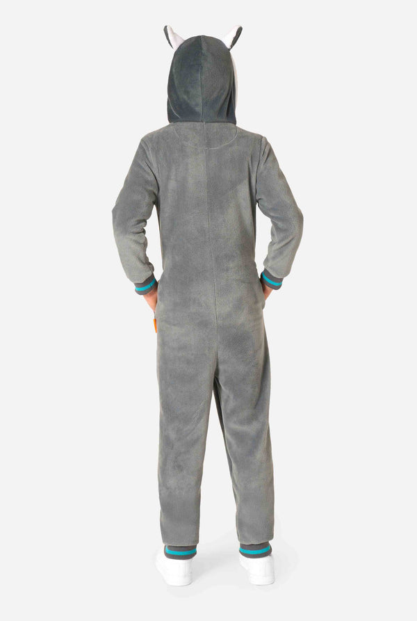 Gray lemur onesie with hood and ears on a white background. View from the back