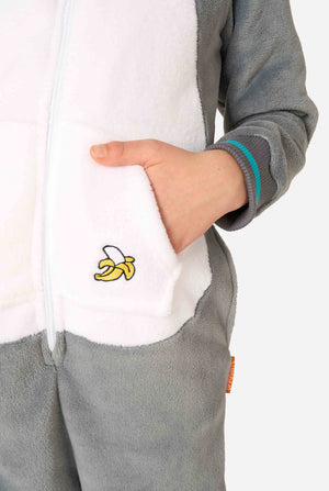 Gray lemur onesie with a white hood featuring a banana emoji on a plain background