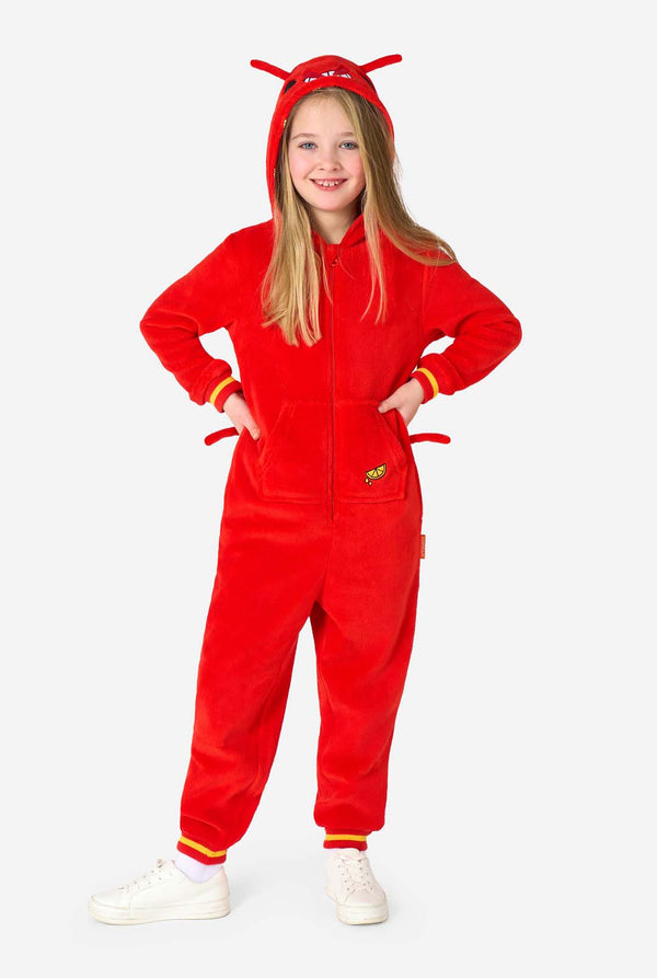 Child wearing a red lobster onesie with hood and devil horns on a white background. Full body image