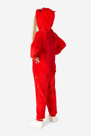 Person wearing a red lobster onesie with a hood on a white background