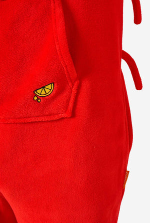 Red lobster onesie with a small yellow lemon design on a white background