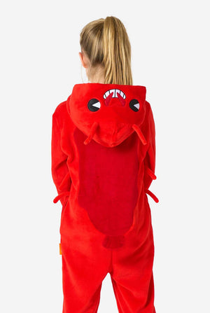 Person wearing a red lobster onesie with a hood and face design on a white background