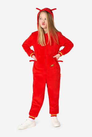 Person wearing a red lobster onesie with devil horns on a white background. Full body image
