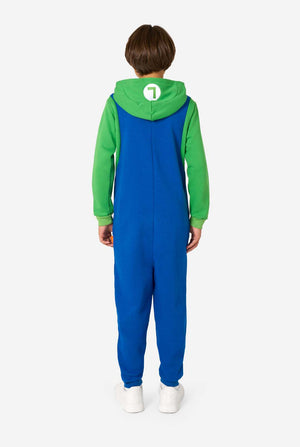 Person wearing a blue and green Luigi onesie with a hood on a white background, view from the back