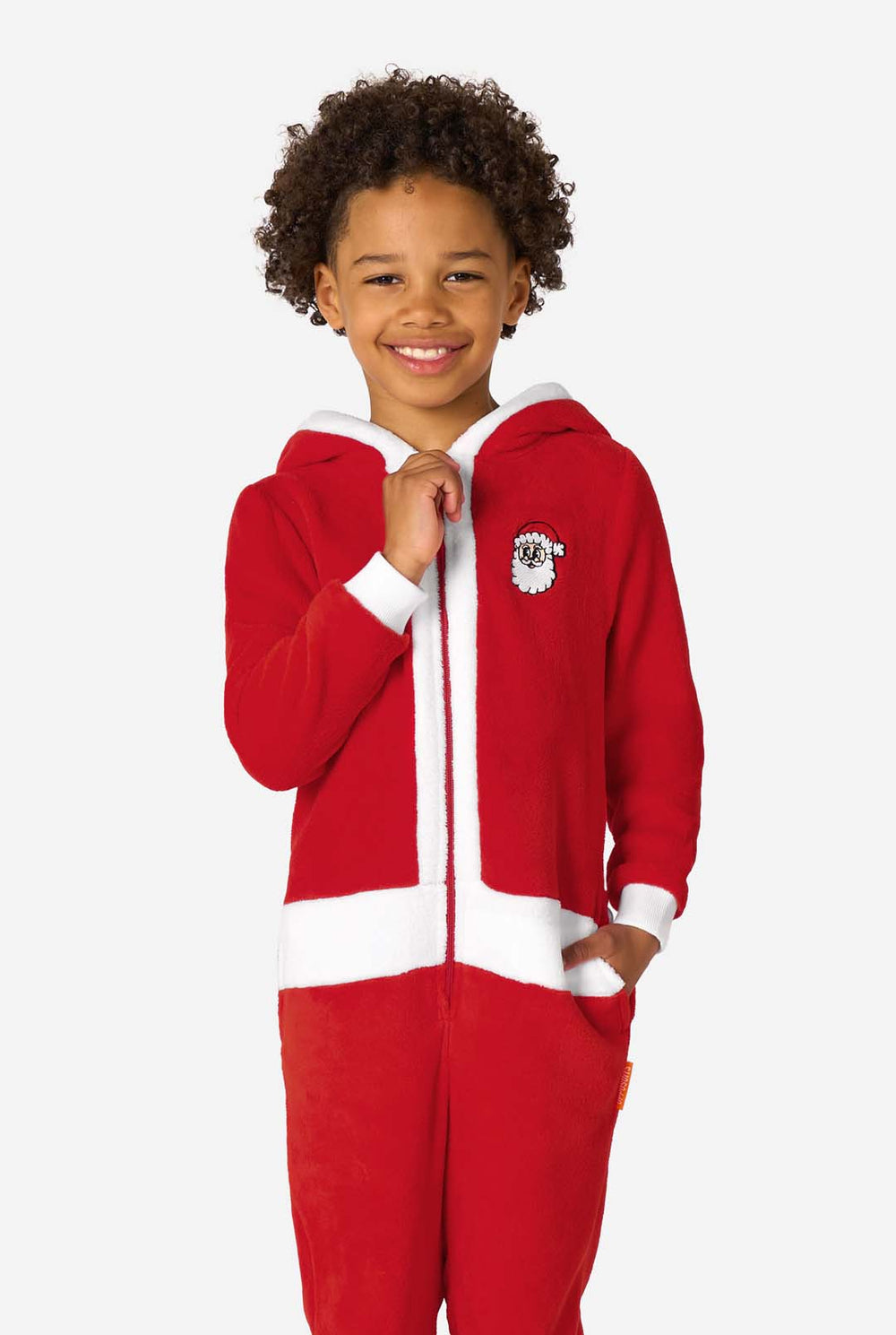 Person wearing a red onesie with a white hood on a white background