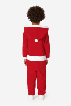 Person wearing a red onesie with white trim on a white background. View from the back