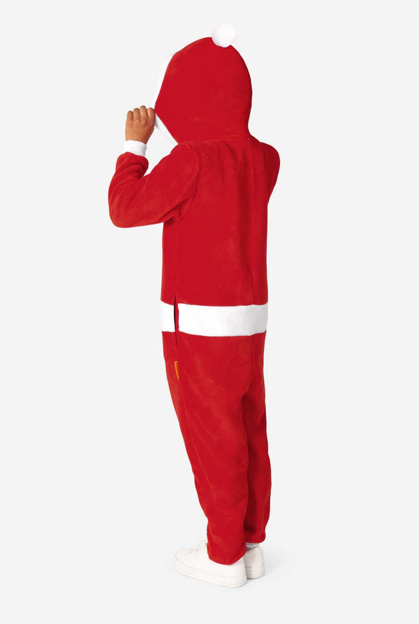 Person wearing a red onesie with a hood on a white background. View from the back