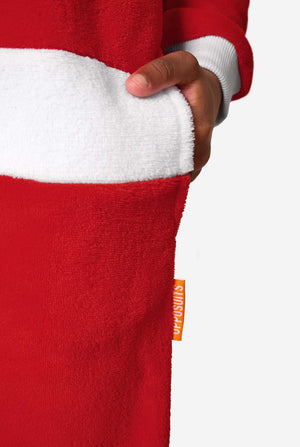 Red fleece fabric with white trim and a visible brand logo on a white background