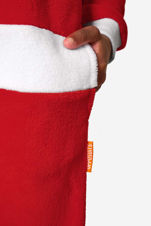 Red fleece fabric with white trim and a visible brand logo on a white background