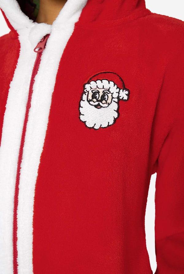 Red hoodie with a Santa Claus face patch on a white background