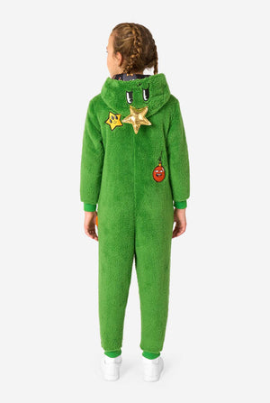 Green onesie with cartoon face and decorations on a white background. View from the back