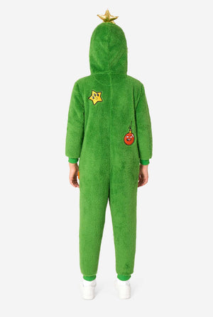 Green onesie with star and Christmas ball design on a white background. View from the back