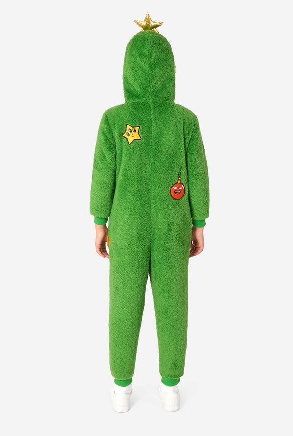Green onesie with star and Christmas ball design on a white background. View from the back