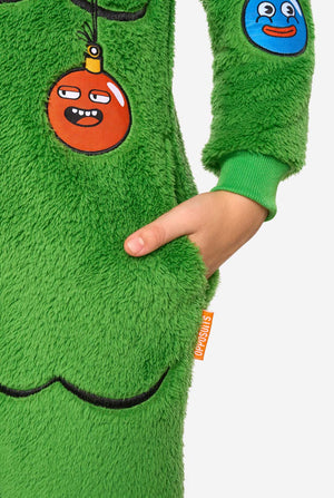 Green fuzzy onesie with cartoon character design on a white background