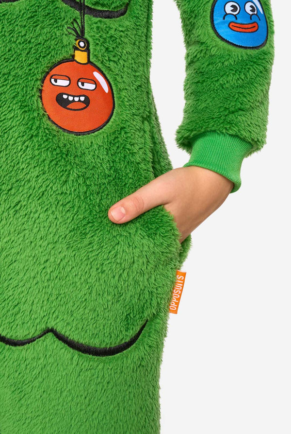 Green fuzzy onesie with cartoon character design on a white background