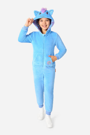 Child wearing a blue My Little Pony onesie with a hood and animal ears on a white background. Full body image.