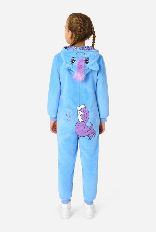 Child wearing a light blue My Little Pony onesie with a hood on a white background. View from the back