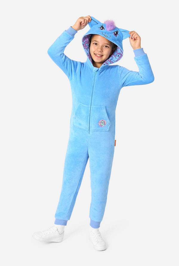 Child wearing a light blue My Little Pony onesie with a hood on a white background. Full body image.