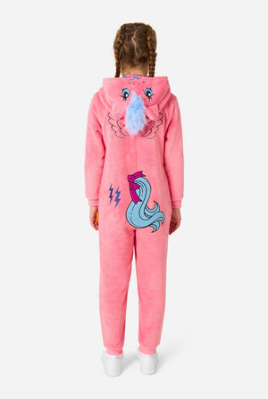 Child wearing a pink My Little Pony onesie with a cartoon design on a white background. View from the back.