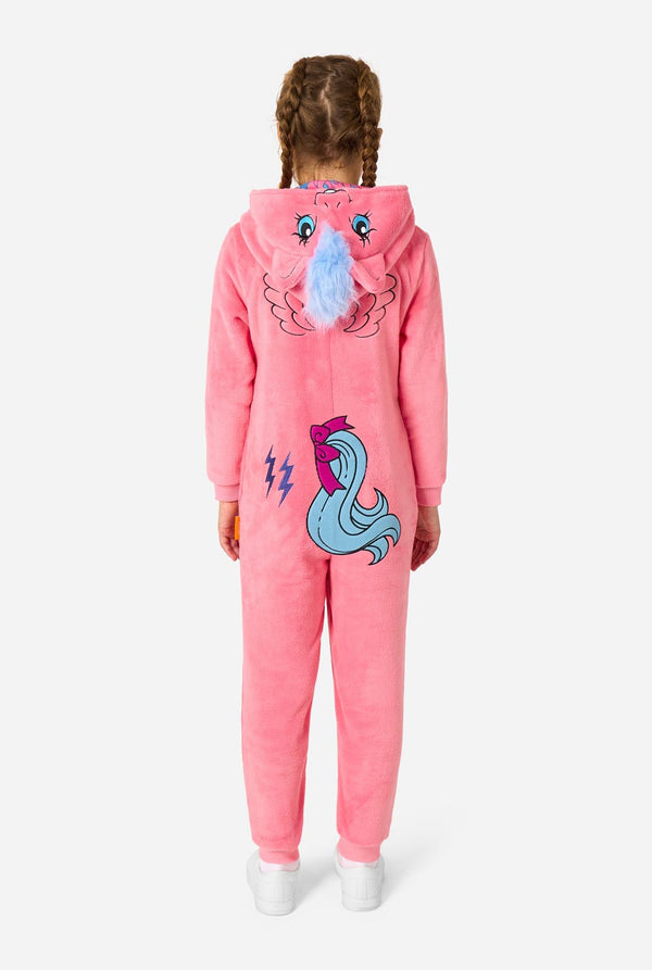Child wearing a pink My Little Pony onesie with a cartoon design on a white background. View from the back.