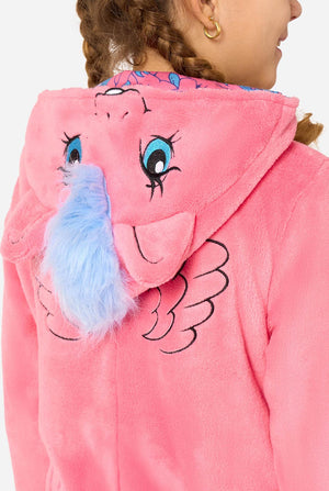 Pink hooded My Little Pony onesie with cartoon face design and blue fluffy pom-pom on a white background