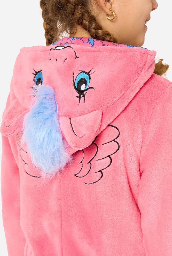 Pink hooded My Little Pony onesie with cartoon face design and blue fluffy pom-pom on a white background
