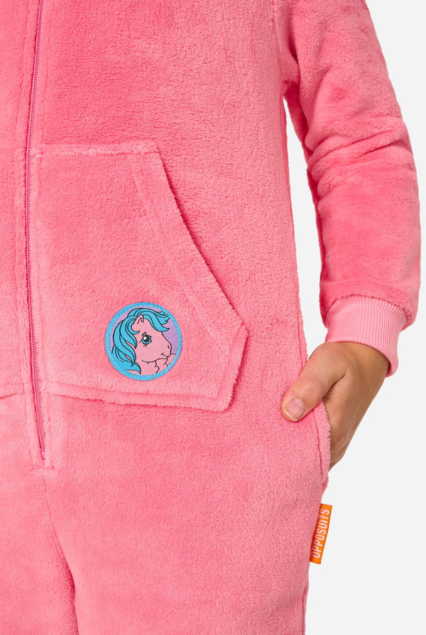 Pink My Little Pony fleece onesie with a unicorn patch on the chest pocket.