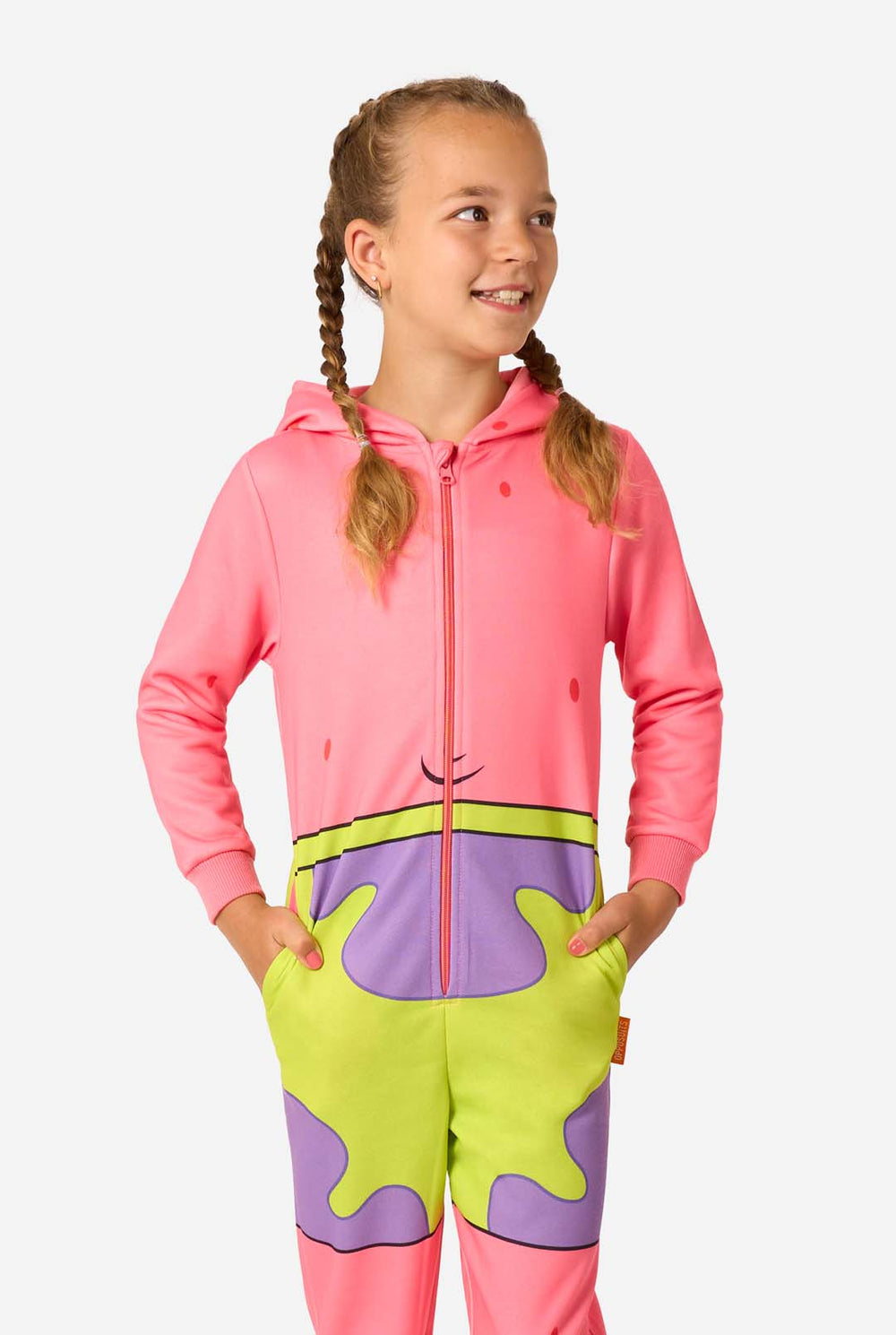 Child wearing a colorful Patrick onesie with a hood on a white background