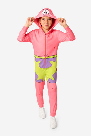 Child wearing a colorful Patrick onesie with a hood on a white background. Full body image