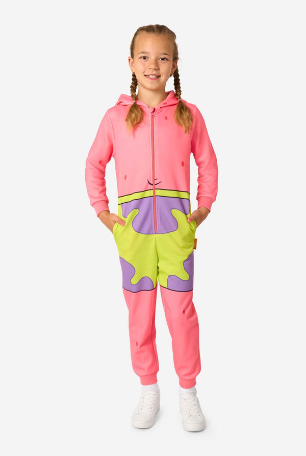 Child wearing a colorful pink and green Patrick onesie on a white background. Full body image