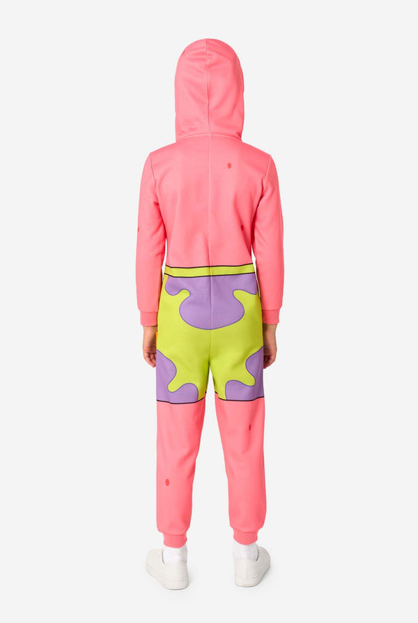 Person wearing a bright pink Patrick onesie with a colorful design on the back against a white background. View from the back