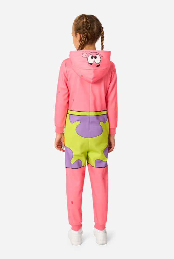 Child wearing a pink Patrick onesie and colorful pants on a white background. View from the back