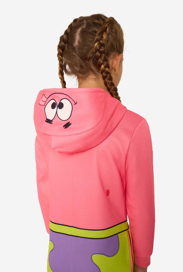 Pink Patrick onesie with cartoon face design on the back worn by a child, on a white background