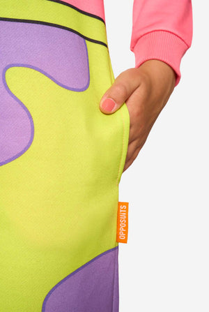 Colorful Patrick onesie with a brand label on a white background