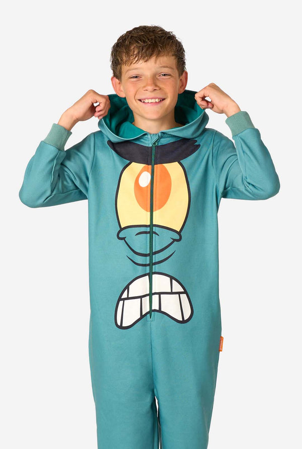 Child wearing a teal Plankton onesie with a cartoon face design on a white background