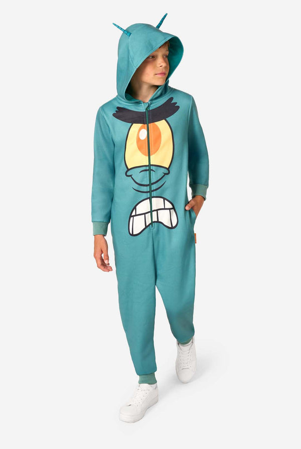 Person wearing a teal Plankton onesie with cartoon face design on a white background. Full body image