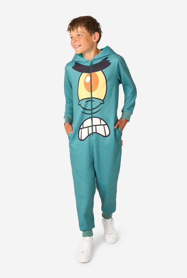 Person wearing a teal Plankton onesie with a cartoon face design on a white background. Full body image