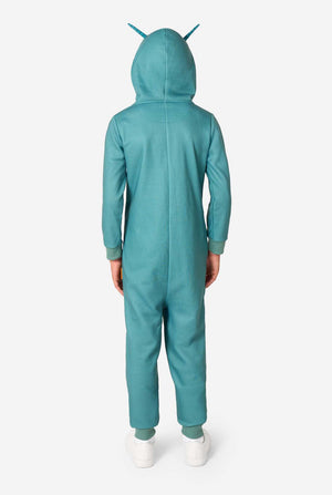 Person wearing a teal Plankton onesie on a white background. View from the back, wearing the hood