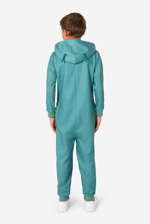 Person wearing a teal Plankton onesie on a white background. View from the back